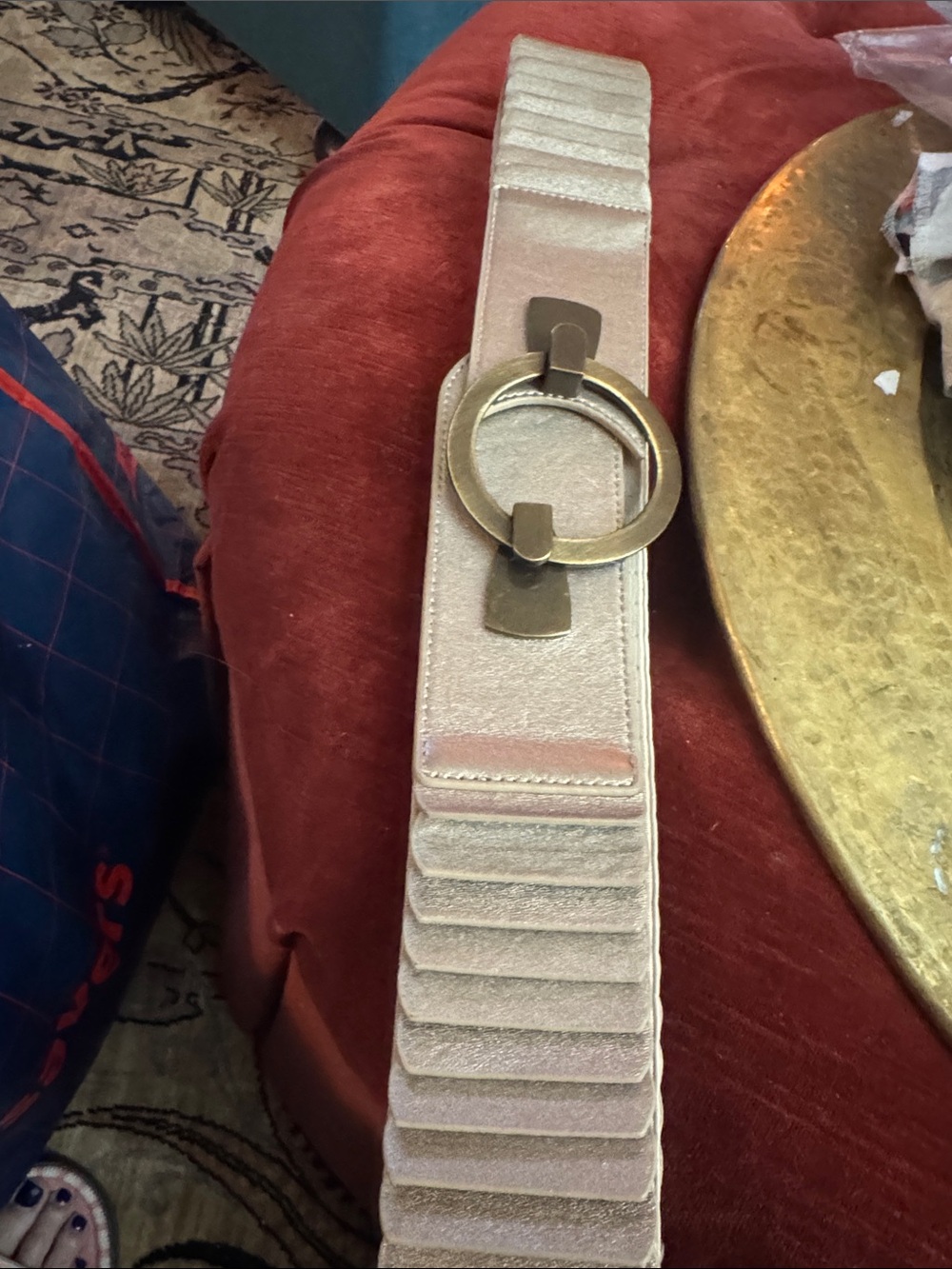 Chico's Shimmery Gold Elastic Belt with Round Double-Ring Buckle
